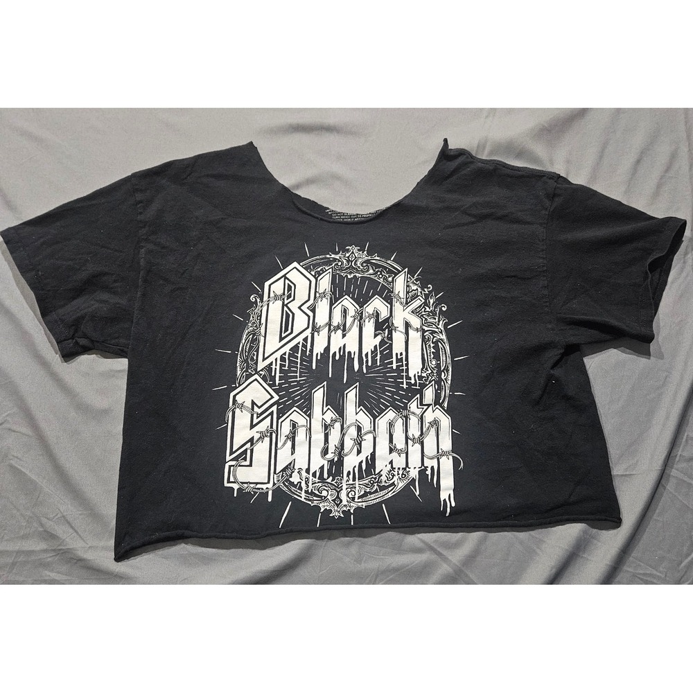 Black Sabbath Graphic Tee Women L Black DIY Raw Hem Cropped Rock Band Shirt